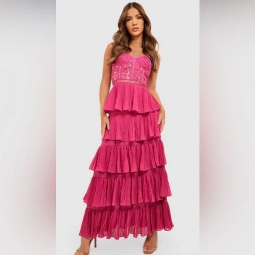 Boohoo Pink Ruffled Tiered Maxi Dress Sweetheart Neckline